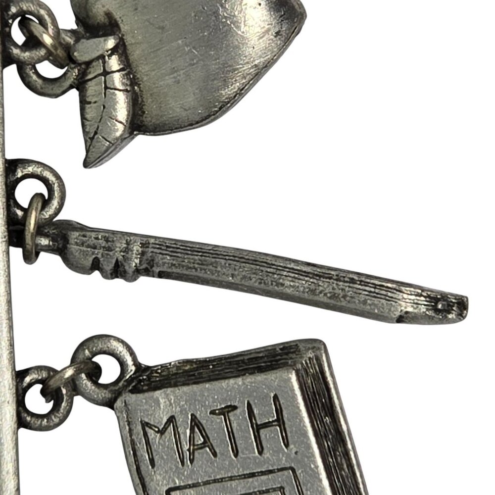 Vintage Teacher Math Brooch Pewter Dangle Charms Book Ruler Calculator - Picture 4 of 9
